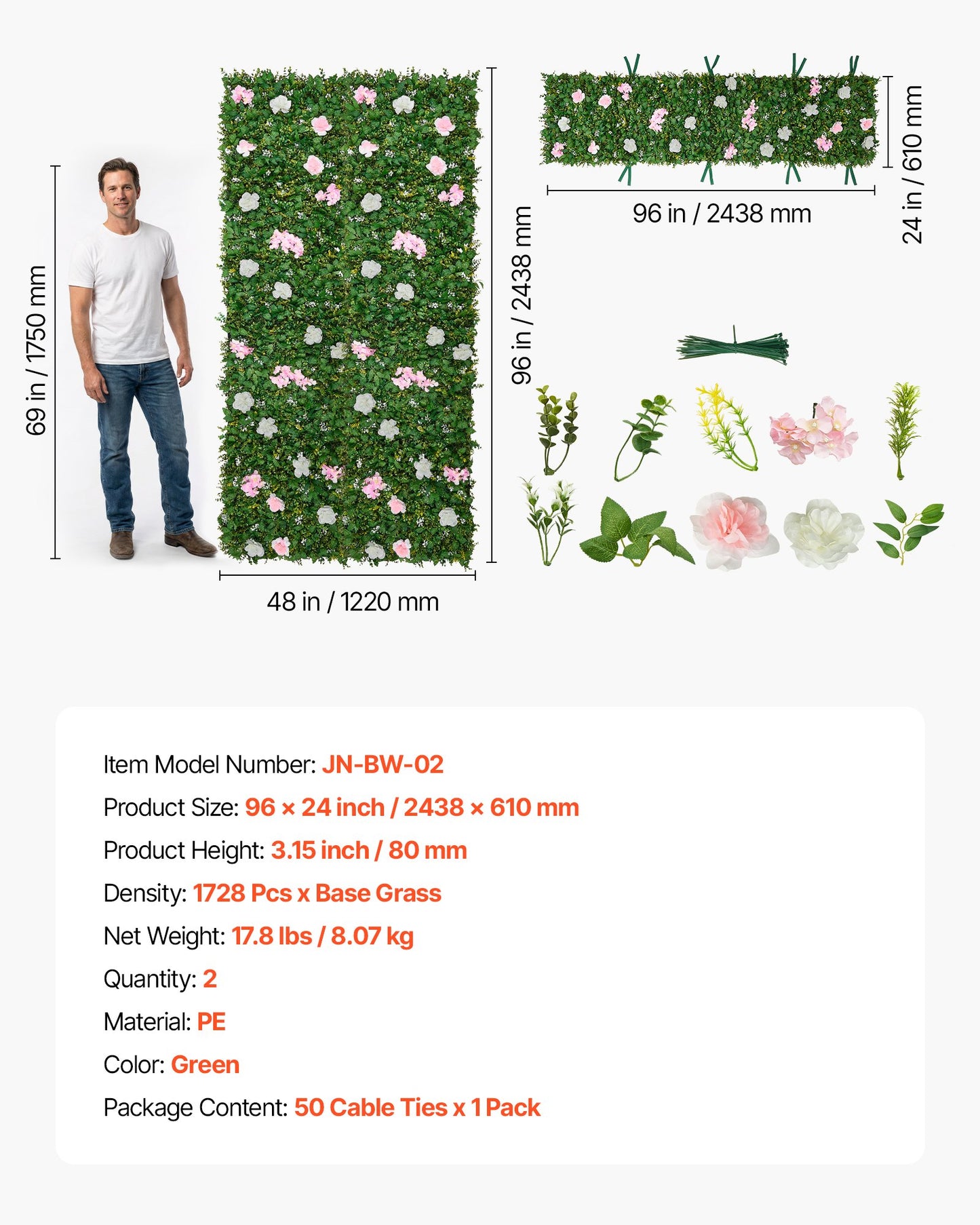 Artificial Flower Wall Backdrop 2 Pieces 2x8 Ft Silk 3D Floral Panel for Wedding & Home Decor