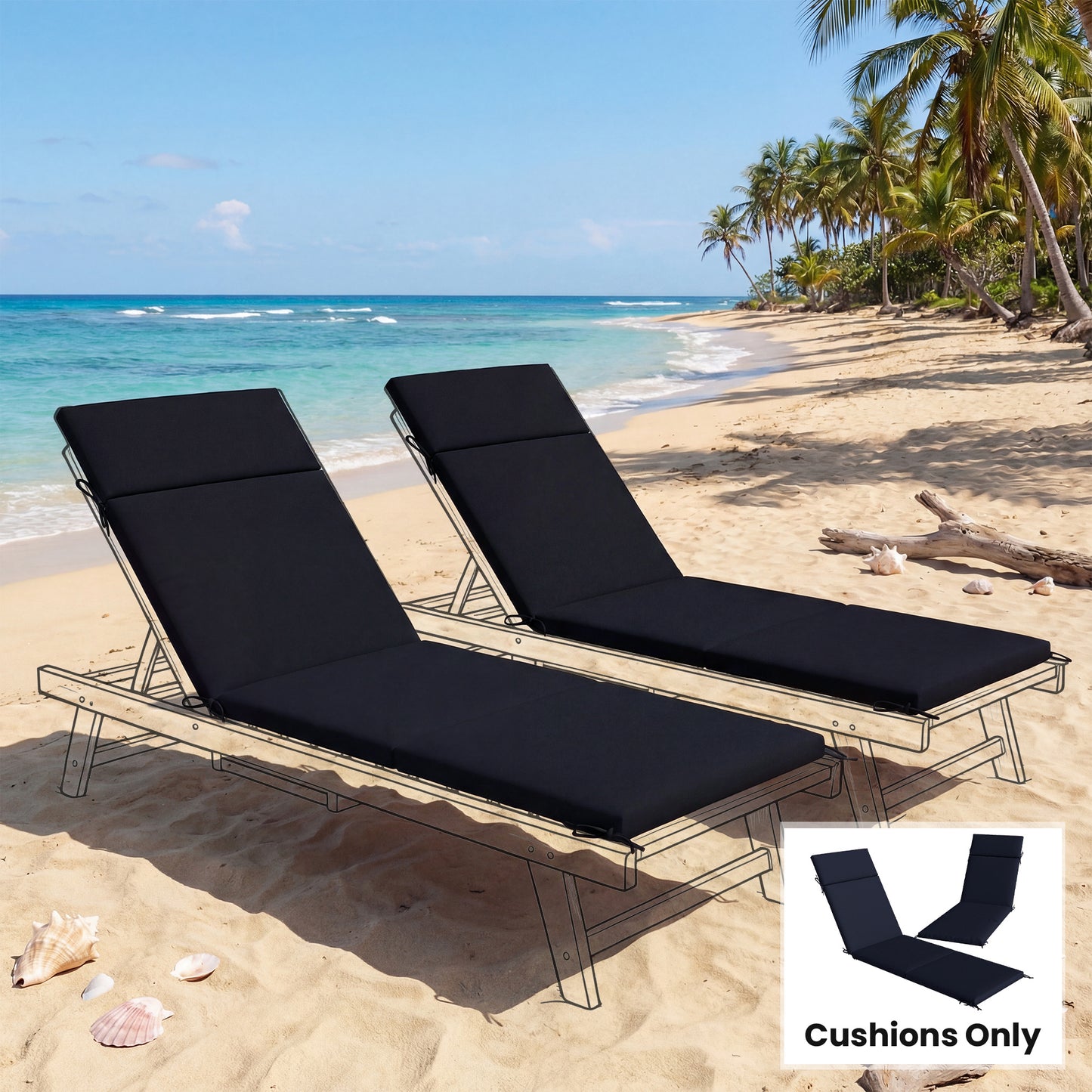 Chaise Lounge Cushions Set of 2 - Navy Blue, High-Density Foam