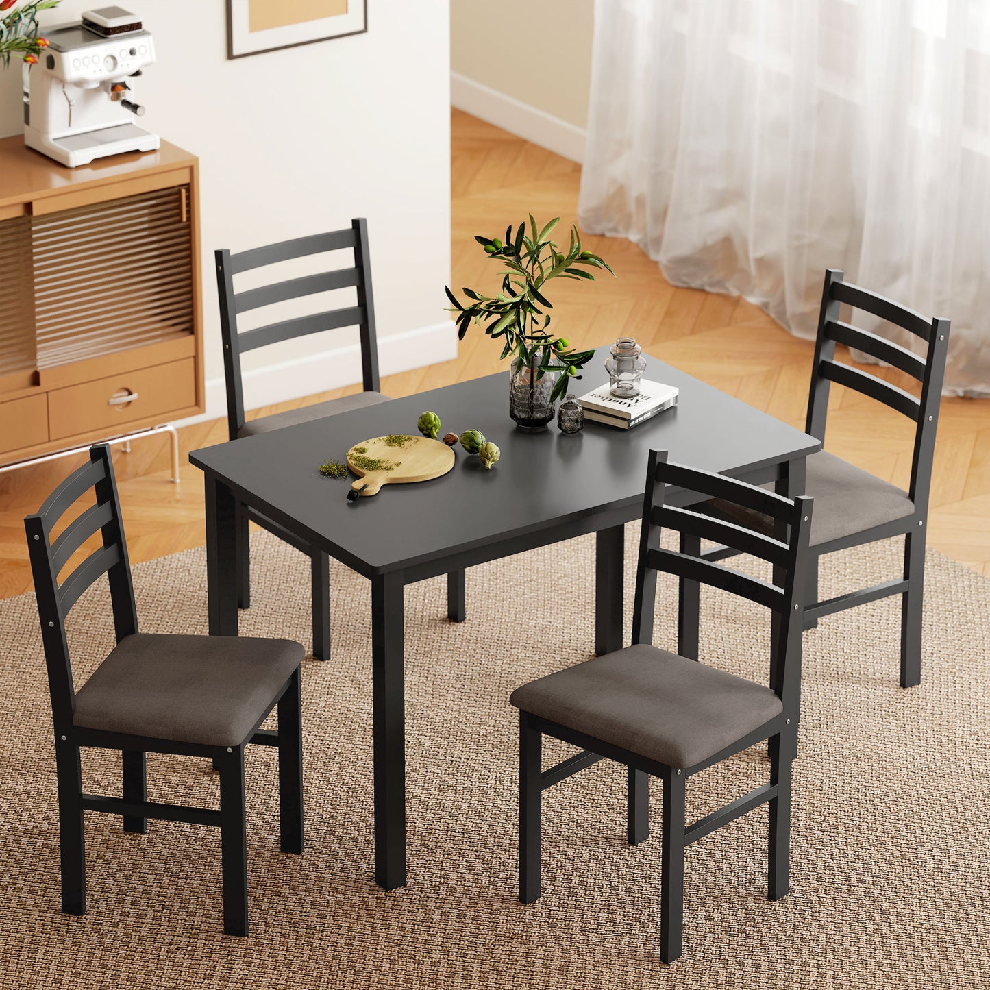 Farmhouse 5-Piece Dining Table Set for 4 with Upholstered Chairs