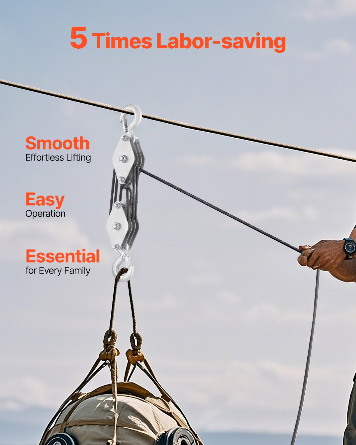 4400 lbs Heavy Duty Rope Hoist Pulley System with 100 ft Rope - 5:1 Lifting Ratio