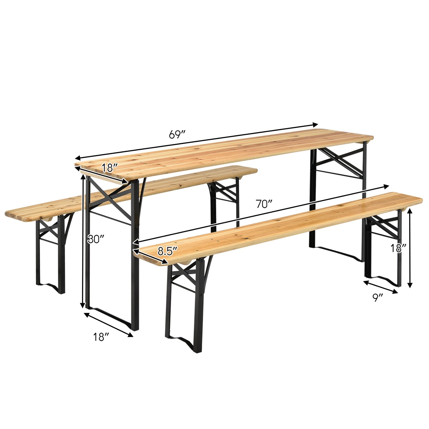 Folding Wooden Picnic Table and Bench Set - 3 Pieces