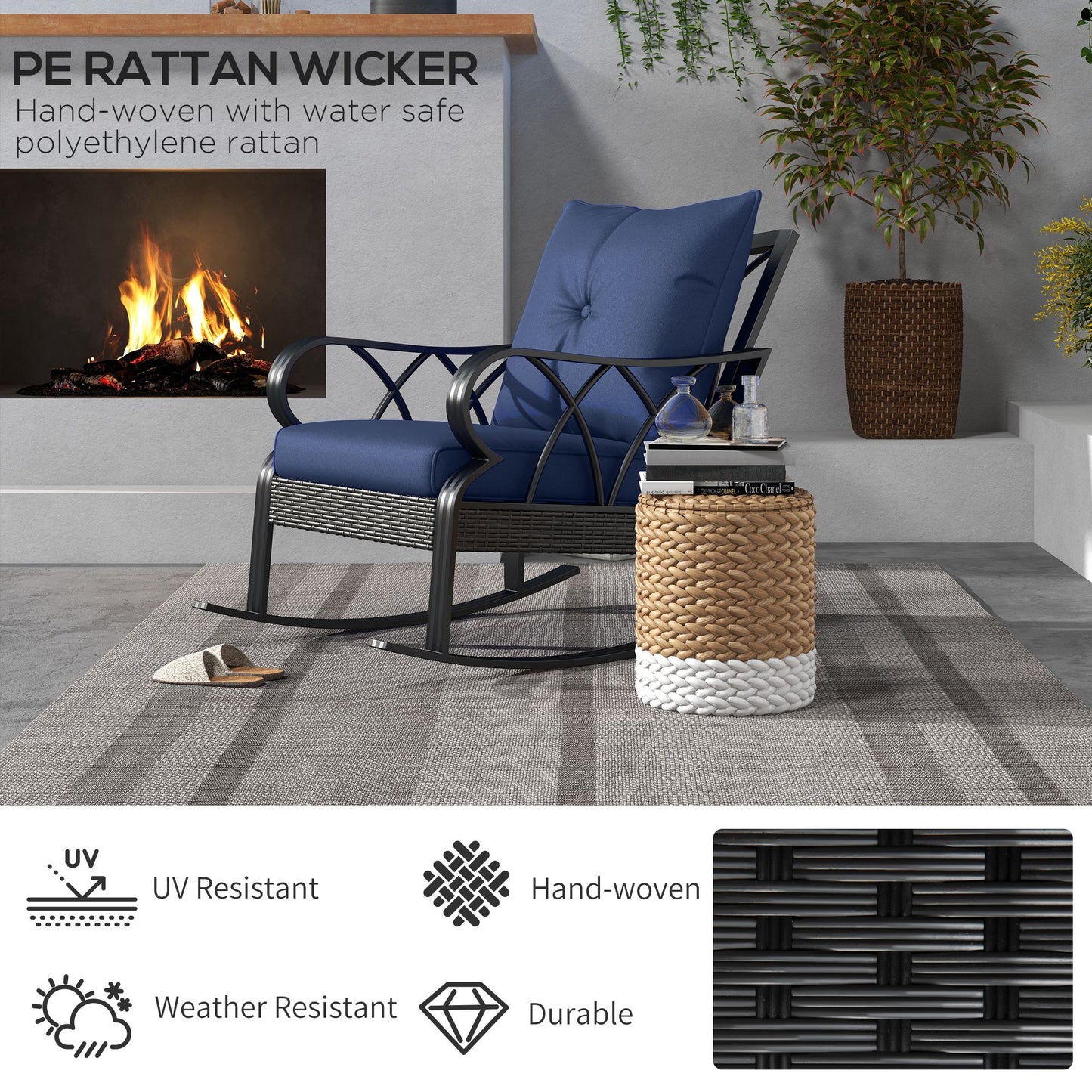 Navy Blue Outdoor Wicker Rocking Chair with Cushions