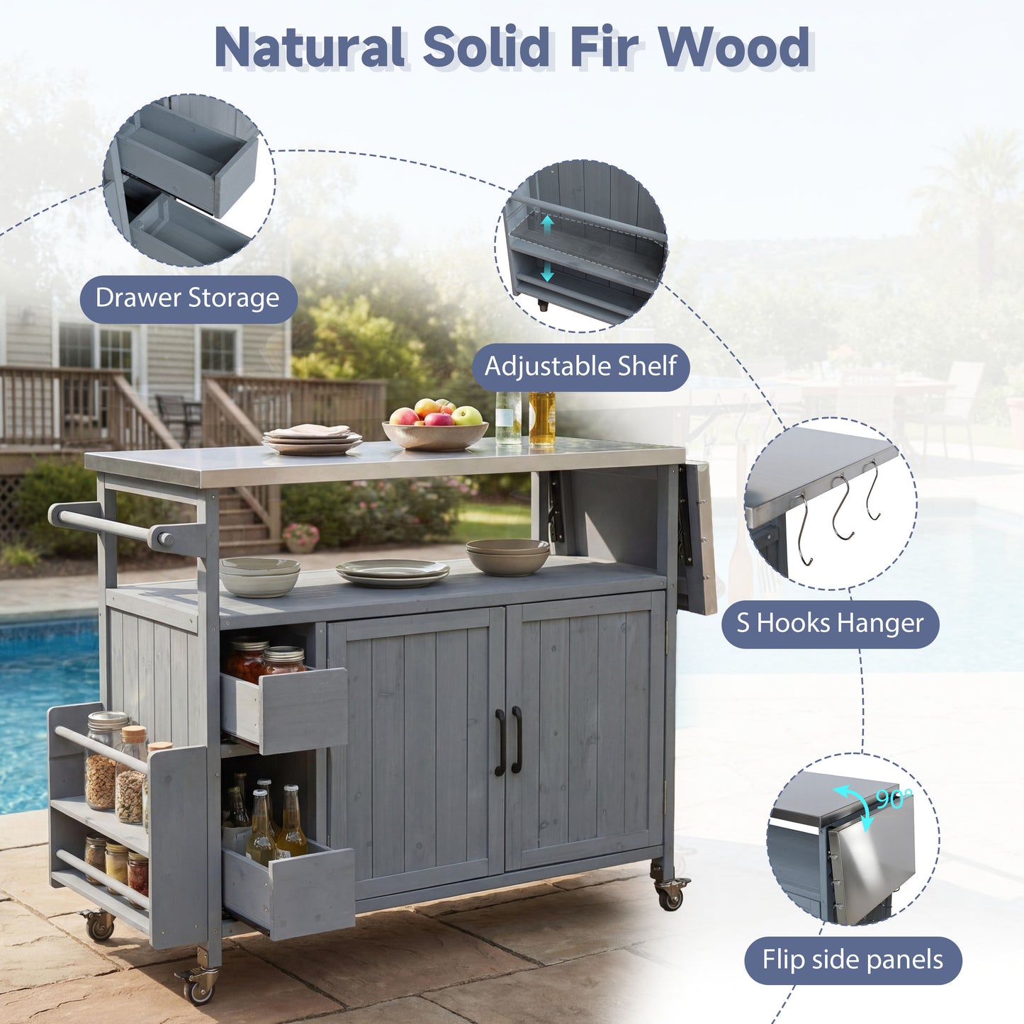 54.33 Farmhouse Rolling Outdoor Kitchen Cart, Solid Wood Frame With