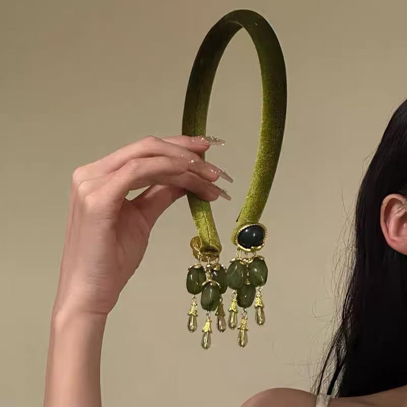 Retro French-Style Olive Green Tassel Headband for Women