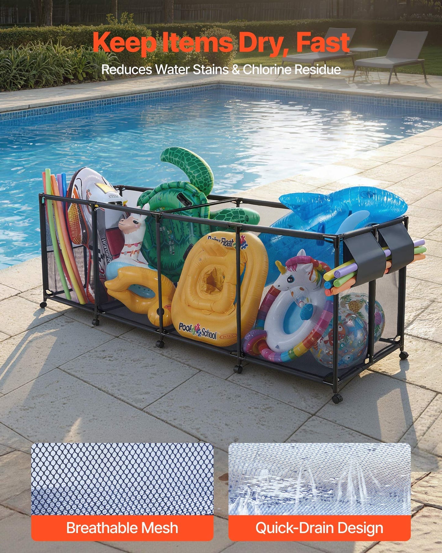 Pool Storage Bin with Wheels and Side Pockets - Large Noodle Organizer for Swimming Pools