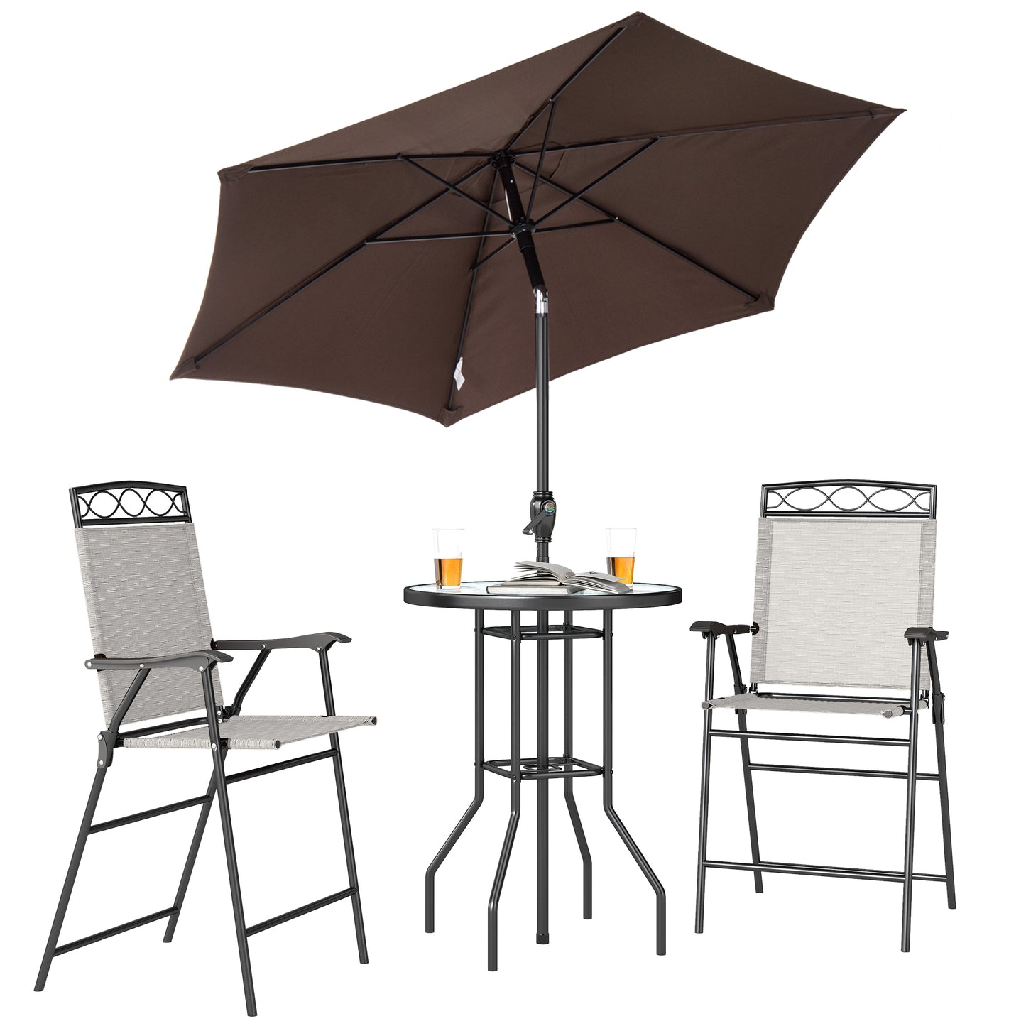 4-Piece Outdoor Bar Set with Umbrella and Folding Chairs - Beige