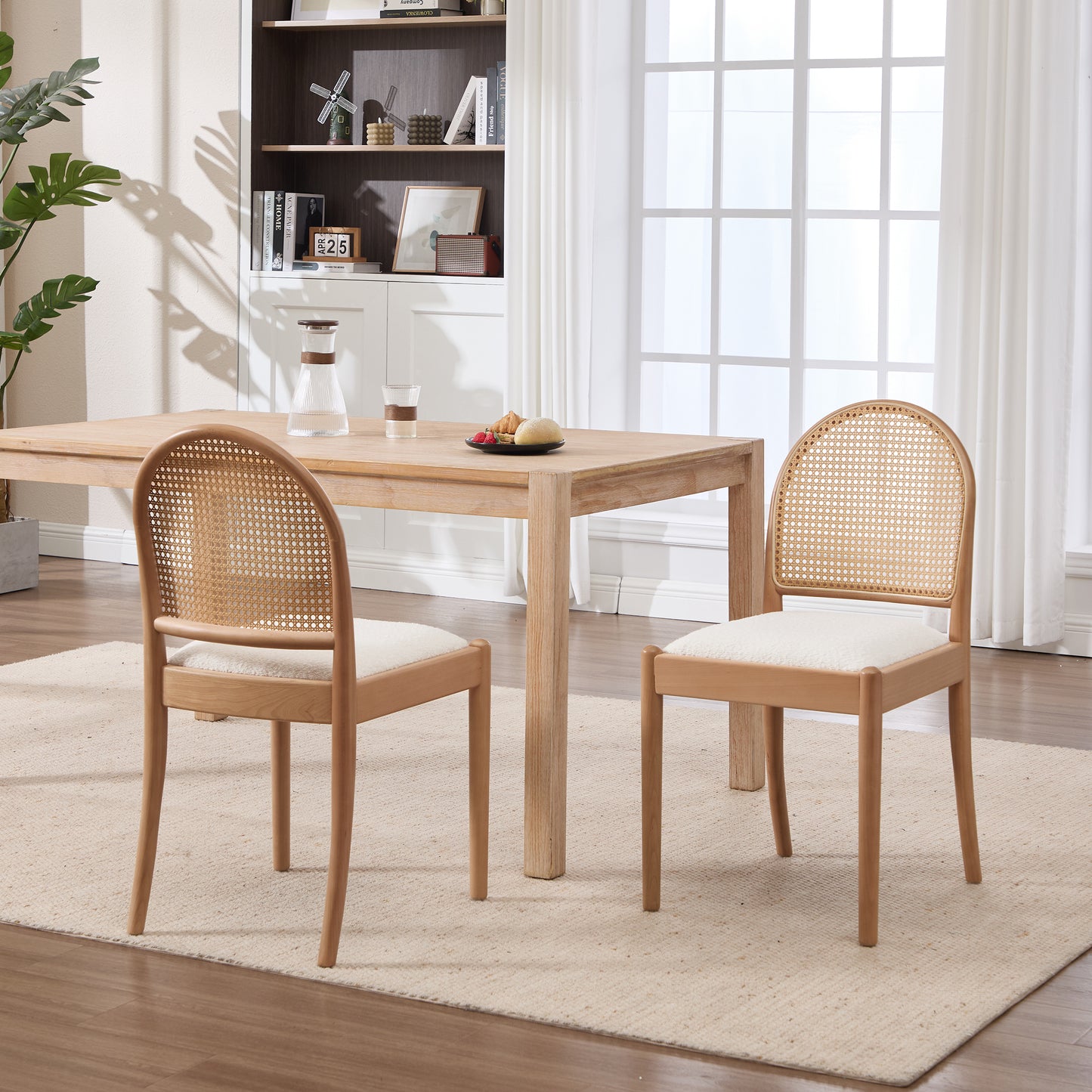 Beige Rattan Dining Chairs Set of 2 - Upholstered Kitchen Seating