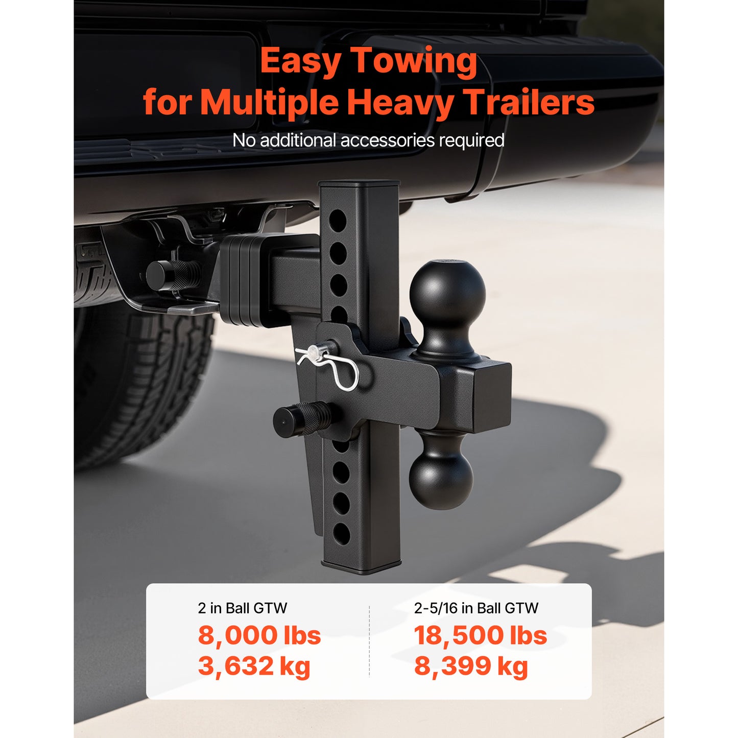 Adjustable Trailer Hitch with 2-Inch Receiver and 2-5/16 Inch Balls - 18500 Lbs GTW, 8-Inch Drop, Towing Mount for RVs and Trucks