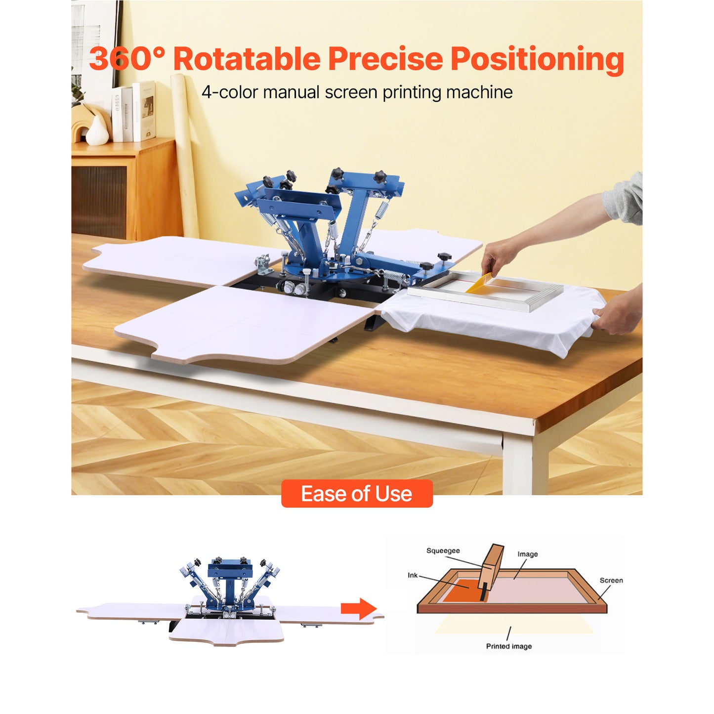 4-Color Screen Printing Machine 21.3x17.7 Inch Rotary Press for T-Shirts DIY & Commercial Use