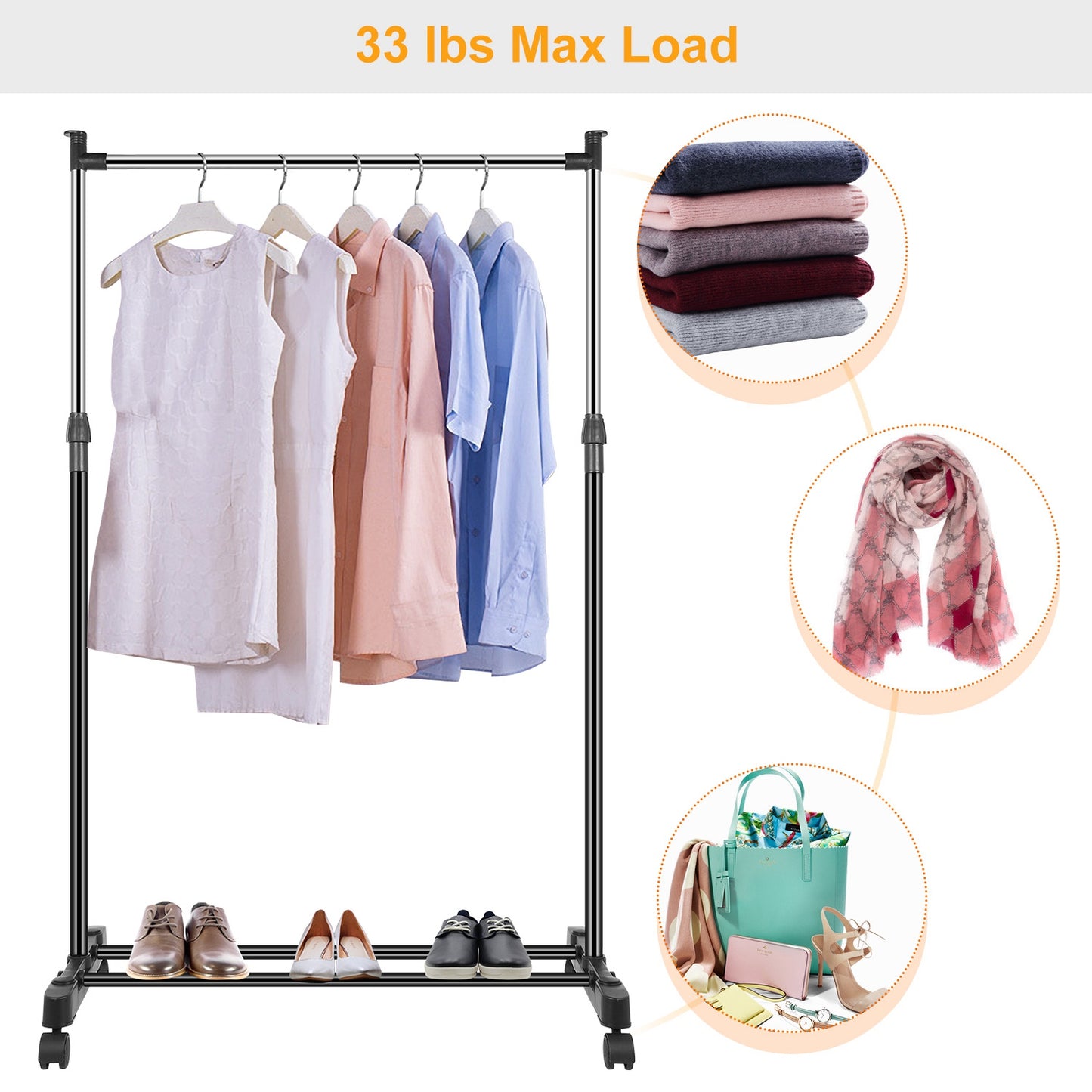 15kg 33lbs Garment Racks 3.12ft To 4.80ft Height Adjustable Clothes