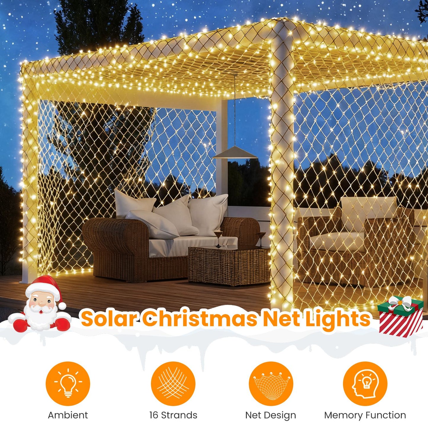 Solar Christmas Net Lights - 9.84x6.56ft, 192 LED, Dimmable