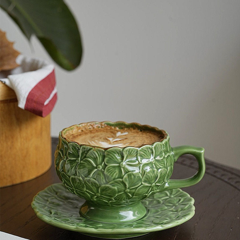 Retro Embossed Ceramic Coffee Cup Set - Multiple Colors & Capacity