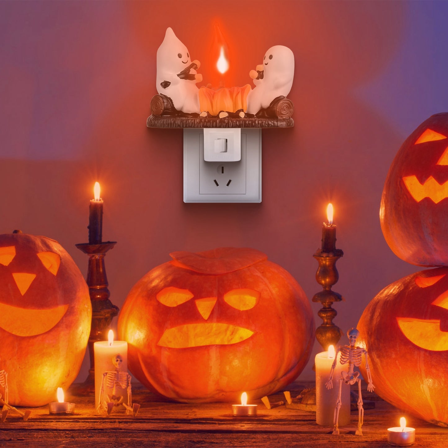 Ghost Campfire Flickering Night Light - Halloween & Bedroom Decor, Pack of 2