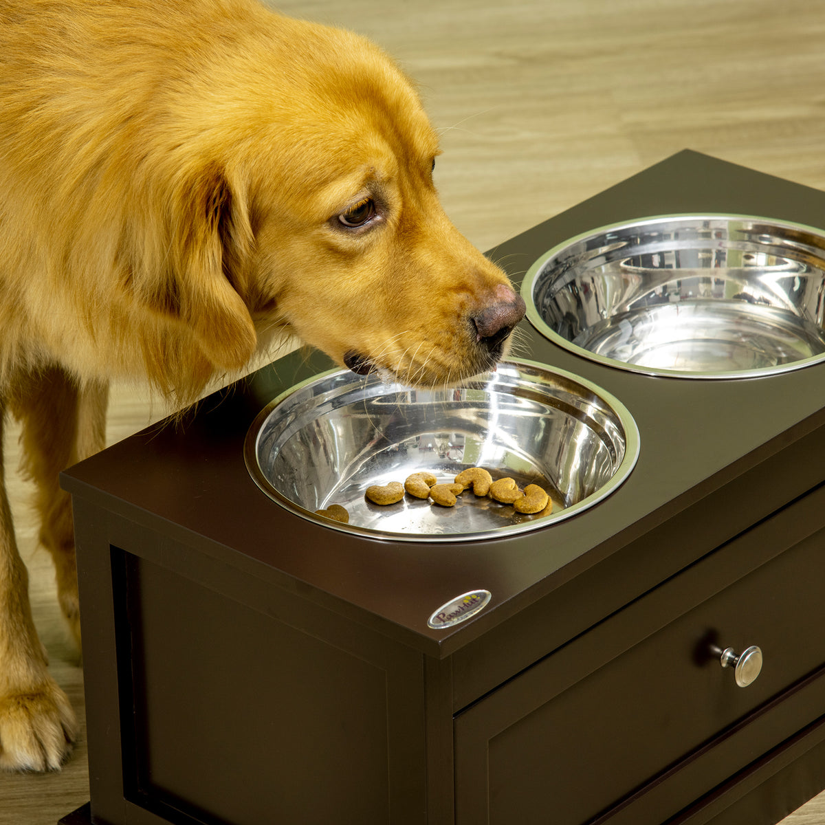 Elevated Dog Food Bowls with Storage Drawer - Large Pet Feeder Stand, Brown