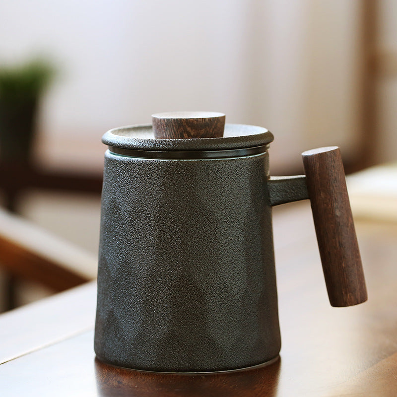 Ceramic Office Tea Cup with Wooden Handle and Lid 450ml Black