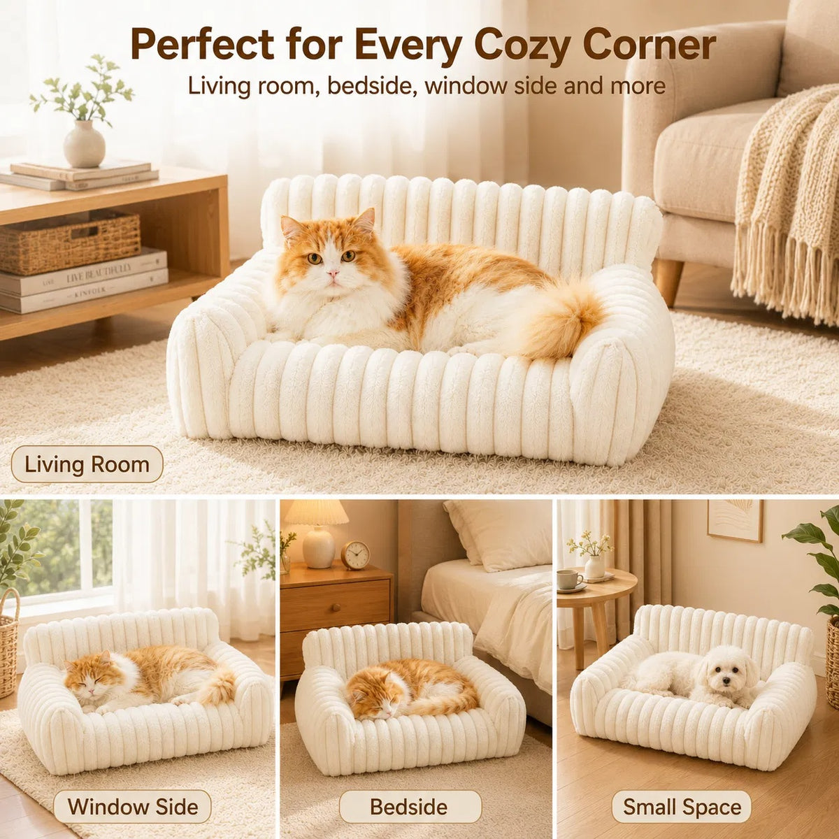 Pet Sofa Bed with Removable Washable Cover for Small Cats & Dogs - Fluffy, Supportive Couch