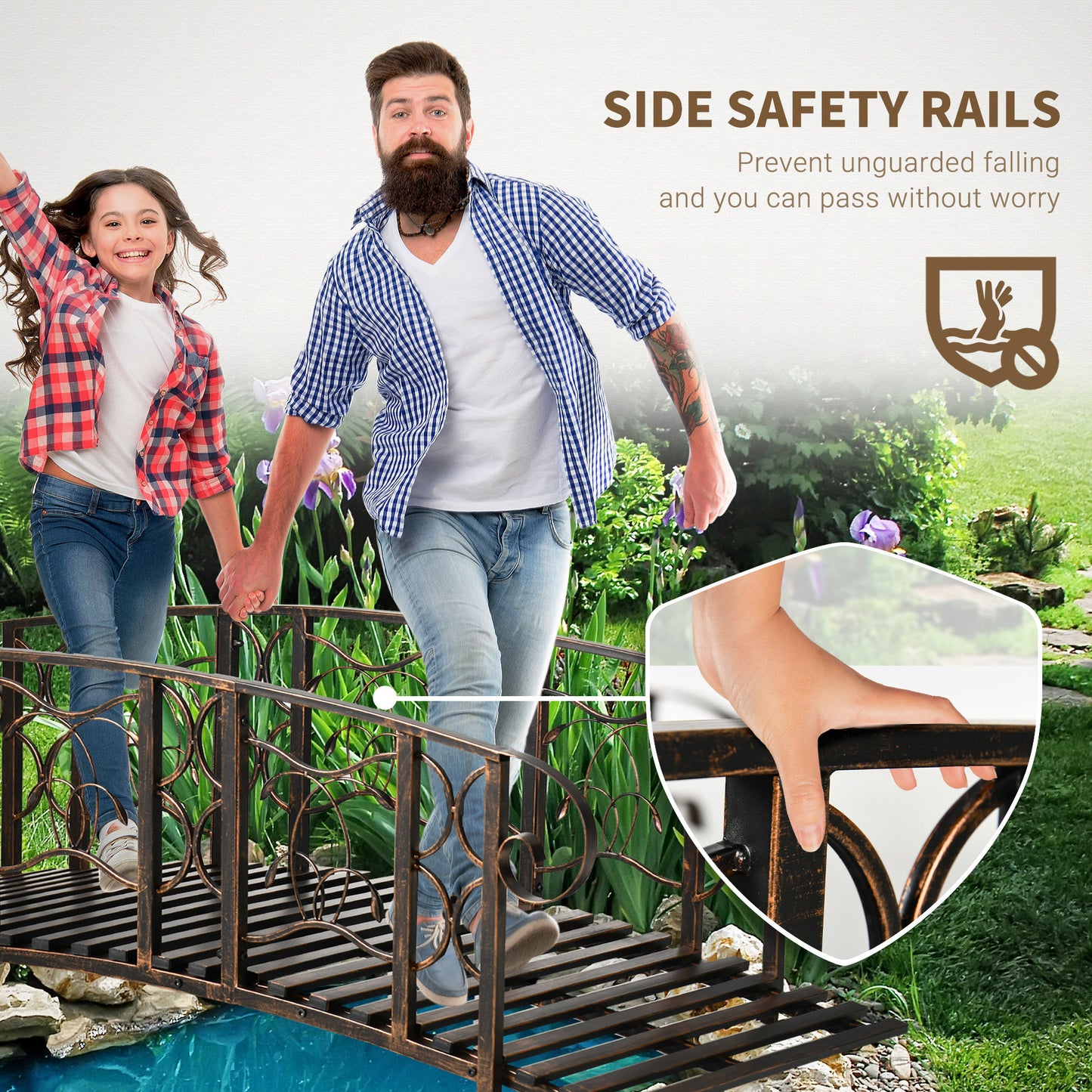 Metal Garden Bridge with Safety Rails & Vine Motifs, 660 lbs Capacity, Easy Assembly