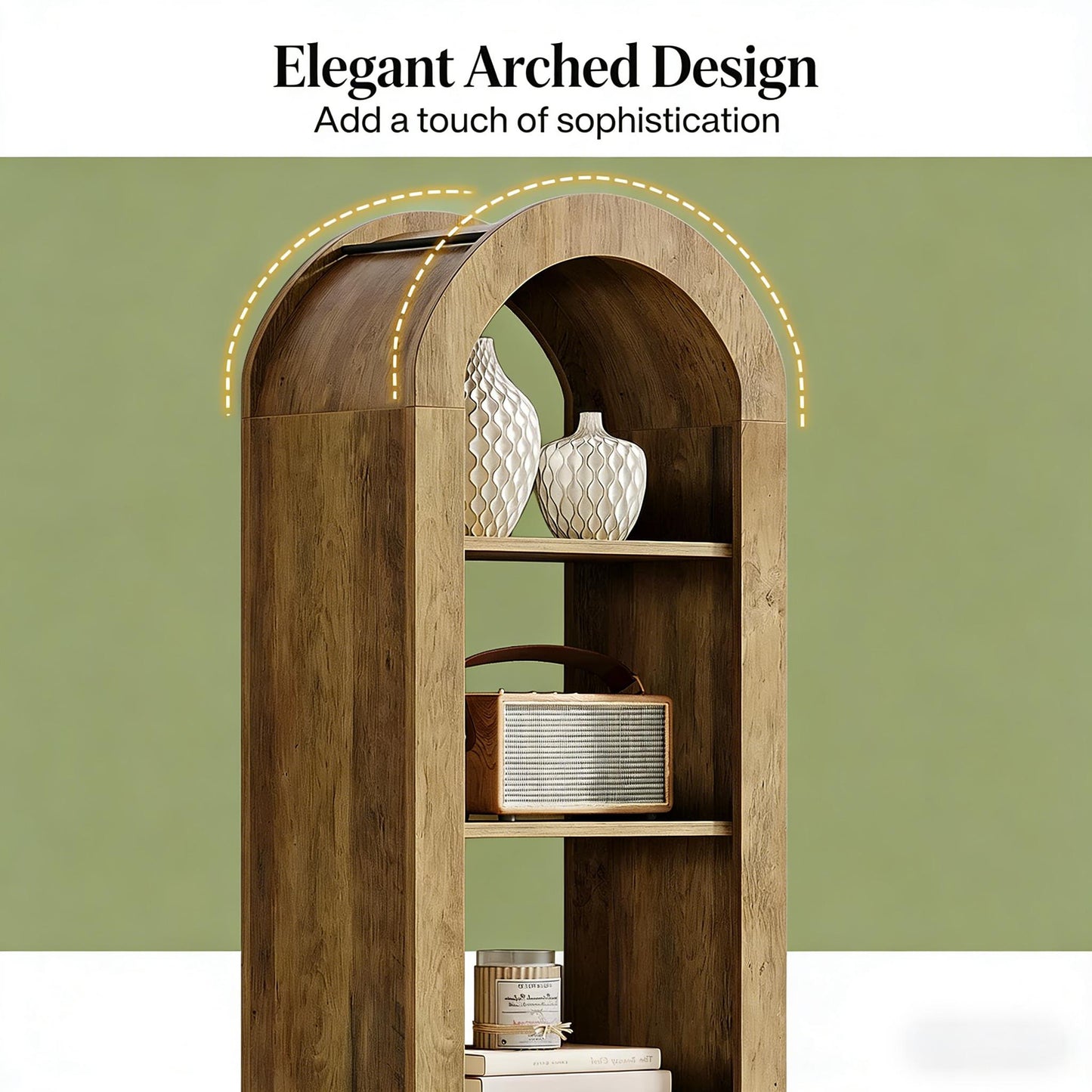 Arched Open Bookcase - 6-Tier Rustic Display Shelf, Brown