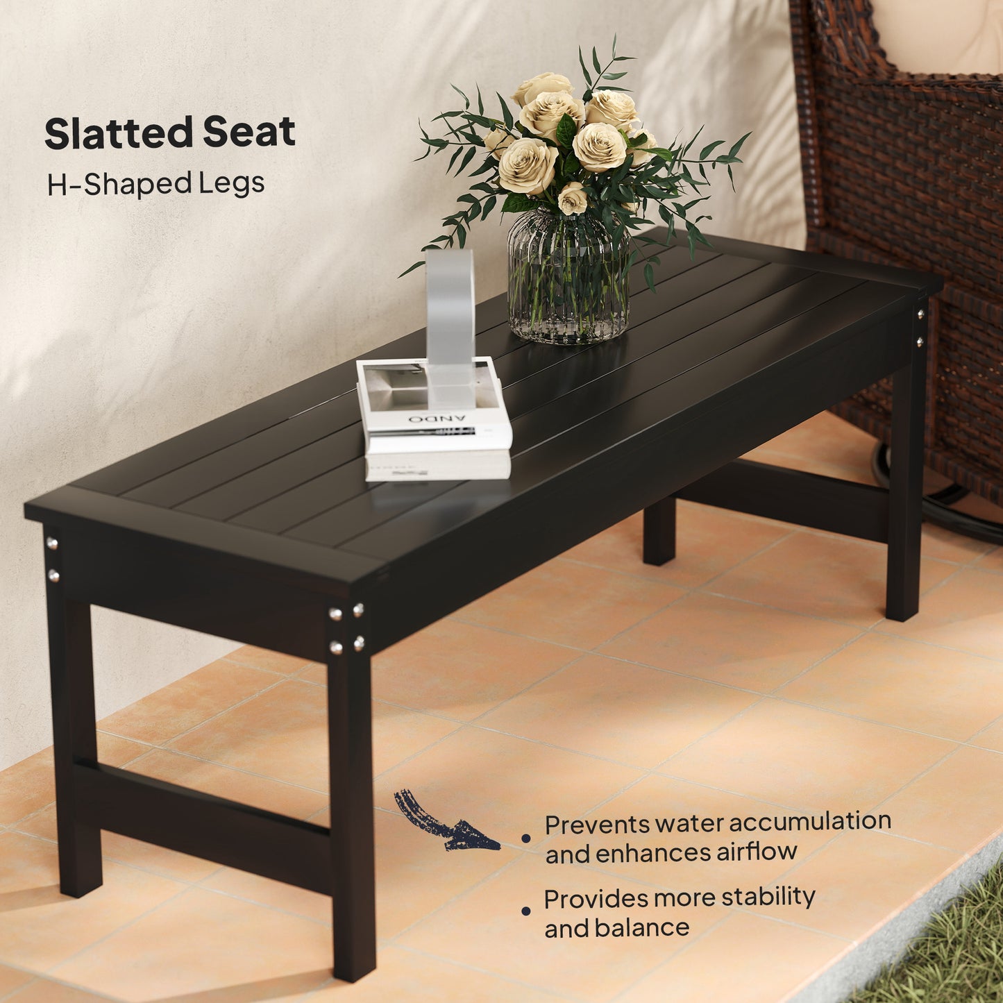 47" Backless Outdoor Bench - HDPE All-Weather Patio Seat - Black