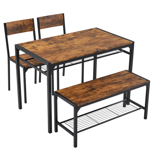 Dining Table Set for 4 - Rustic Brown Kitchen Table with 2 Chairs and Bench