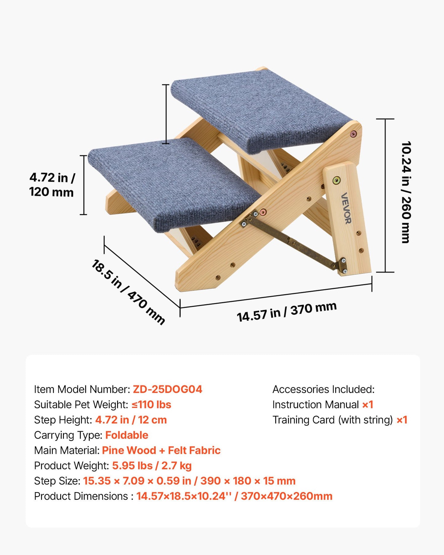 Wood Dog Steps for Bed Sofa Car - 2-Step Pet Ladder, 110lb Capacity, Foldable & Stable