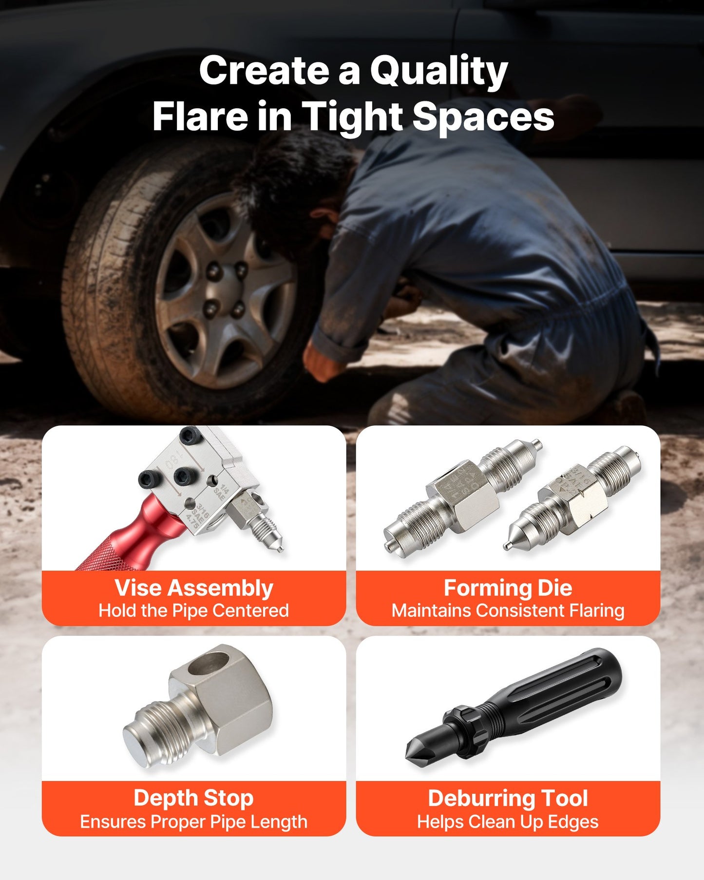 Brake Line Flaring Tool Kit for Automotive Repair - 45° Single & Double Flare, Copper Tubing, Black