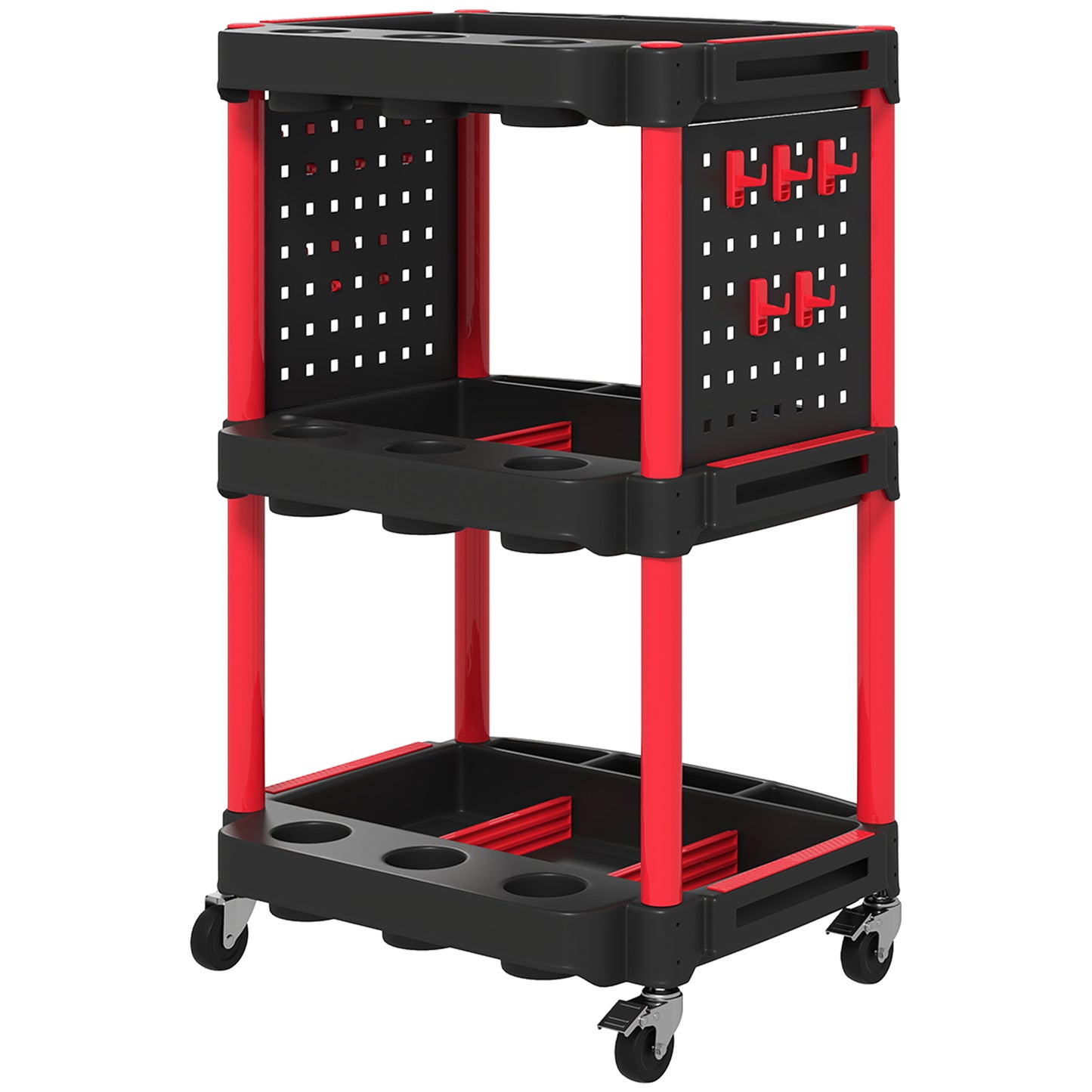 3-Tier Rolling Utility Cart with Locking Wheels - Heavy Duty Plastic Storage Shelf for Garage and Workshop, Black & Red