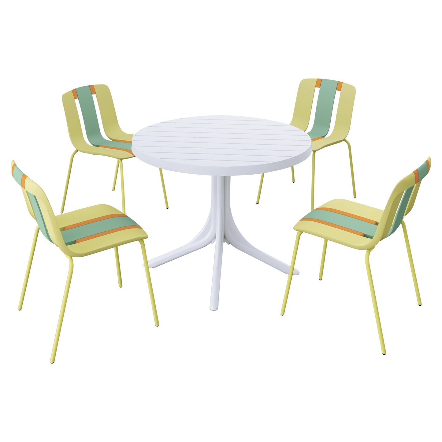 Modern Striped Color Block Chairs Set - 4-Pack with Round Table - Yellow, Orange, Green