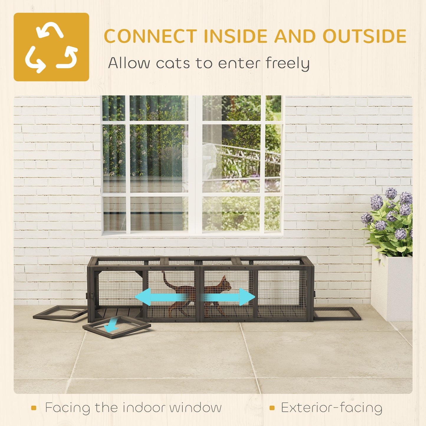 Extendable Outdoor Cat Tunnel with 3 Doors - Gray Wooden Pet Play Enclosure 59 Inches