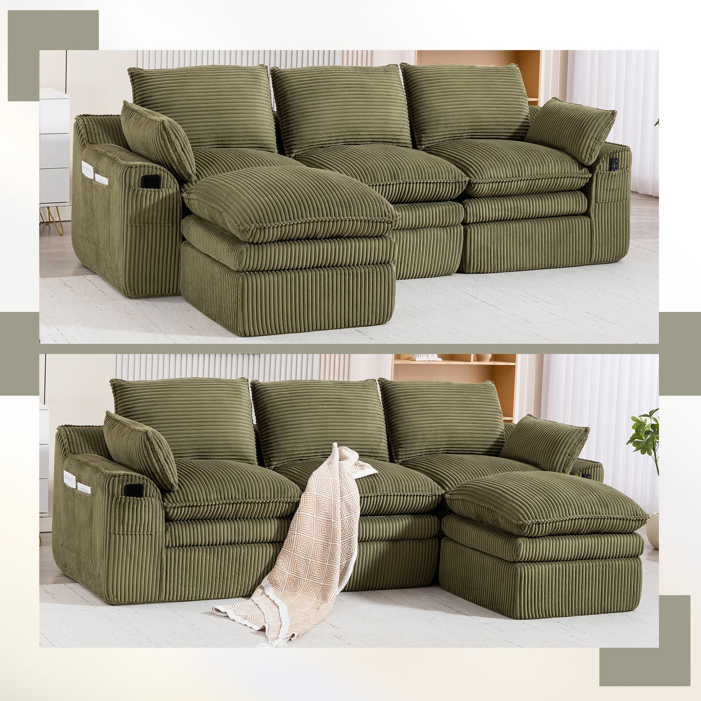 Emerald L-Shaped Modular Sectional Sofa with Footstool & Pillows