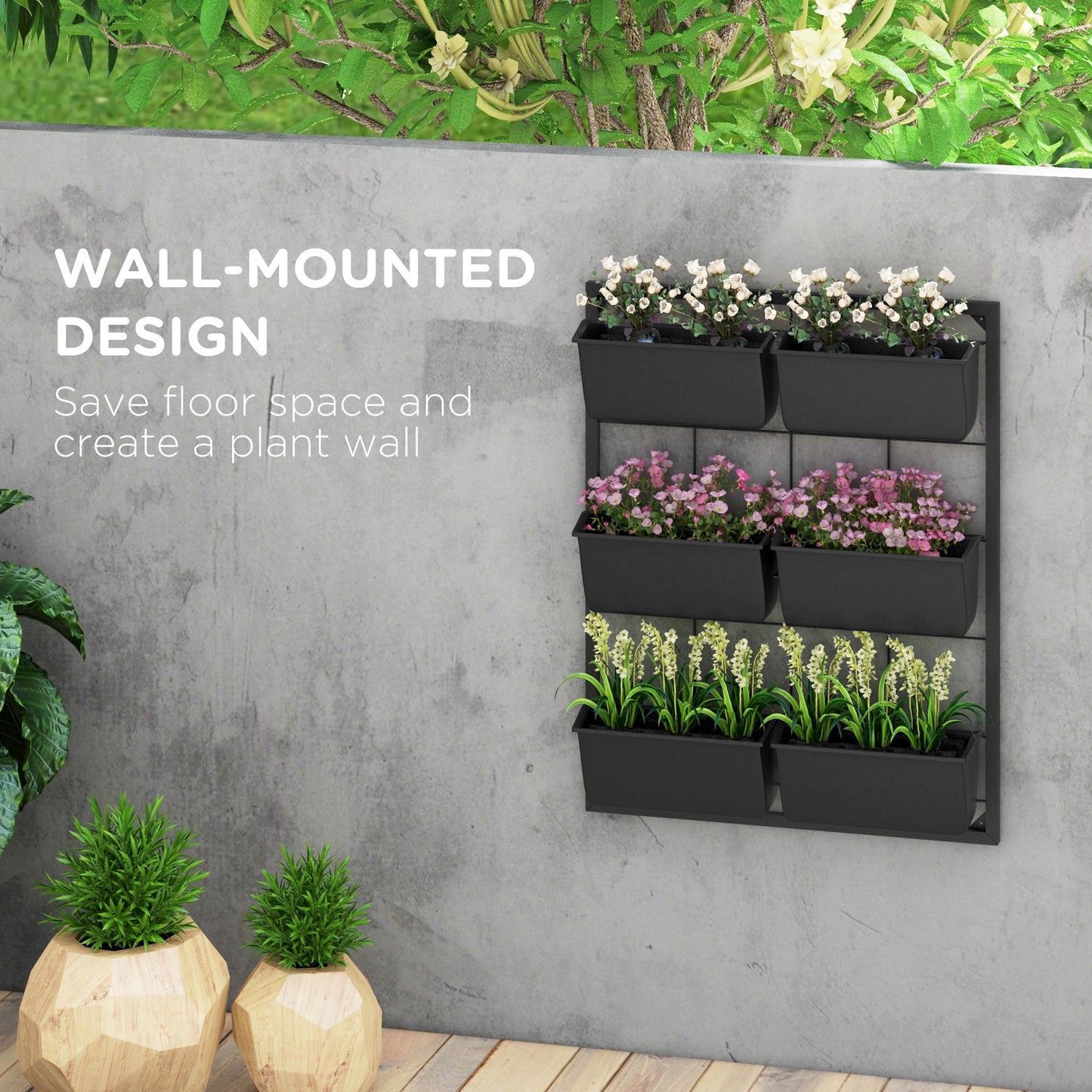 3-Tier Wall-Mounted Hanging Planter Set with 6 Pots - Indoor & Outdoor Black