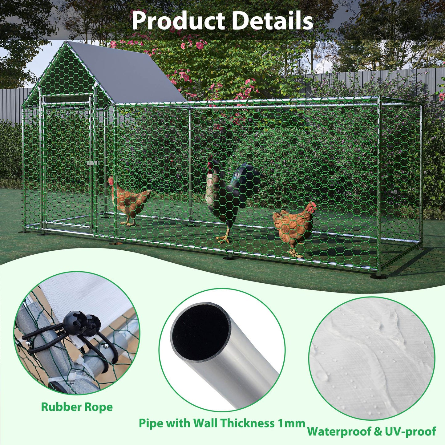 Large Metal Chicken Coop with Walk-In Run, Cover & Lockable Door - Multiple Sizes