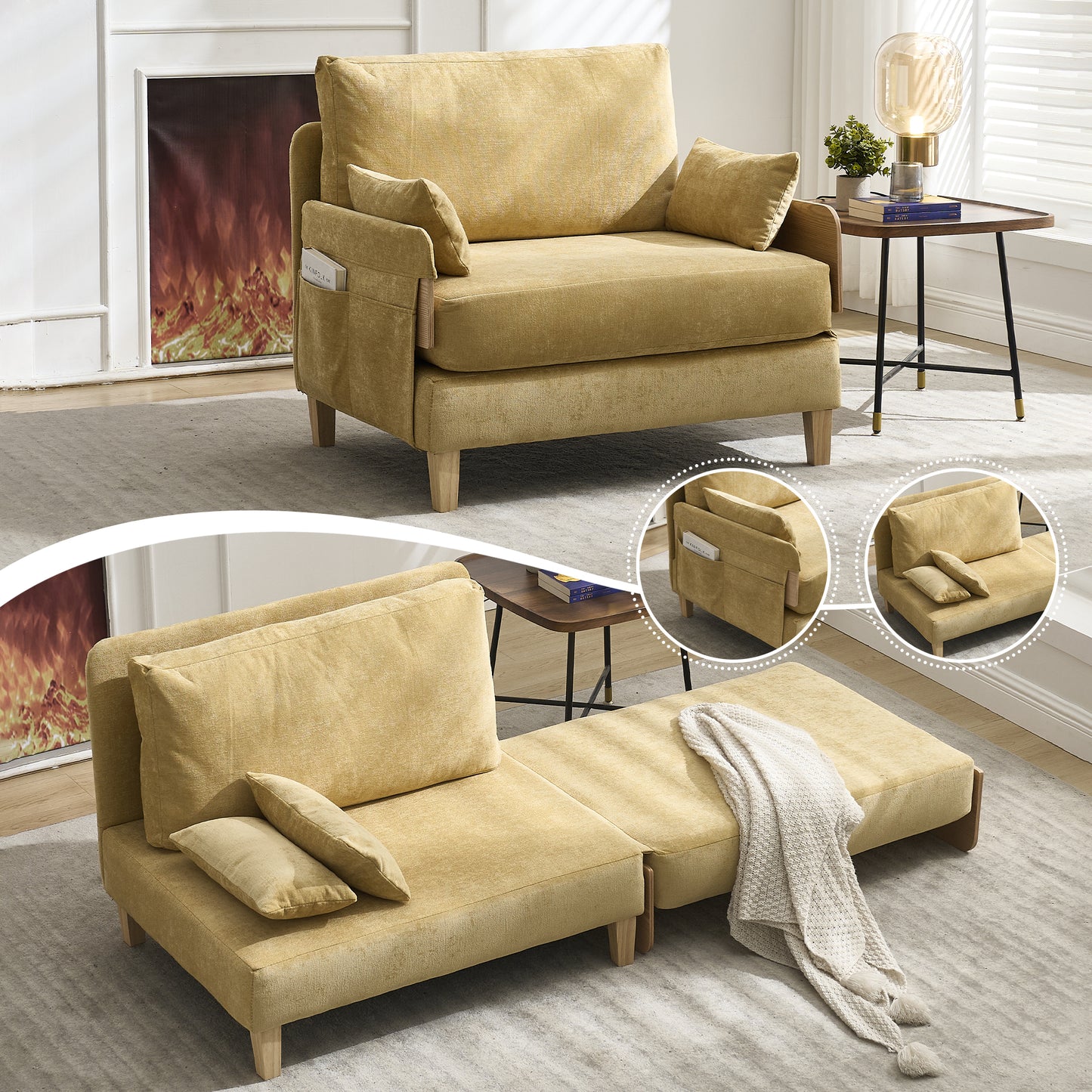 Foldable Sofa Bed Recliner - 3-in-1 Convertible Sleeper, Mustard Yellow