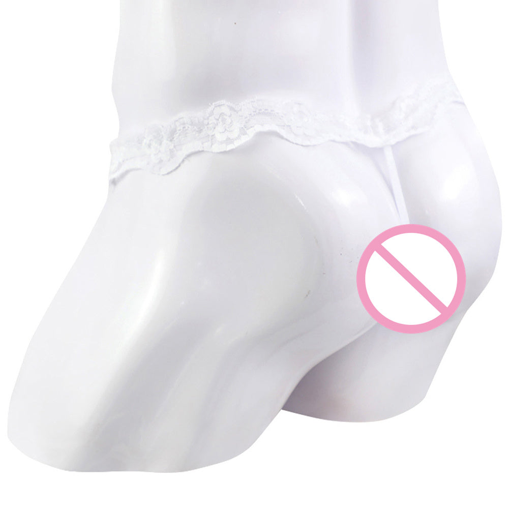 Men's Lace T-Back Underwear - Comfortable White Nylon Briefs