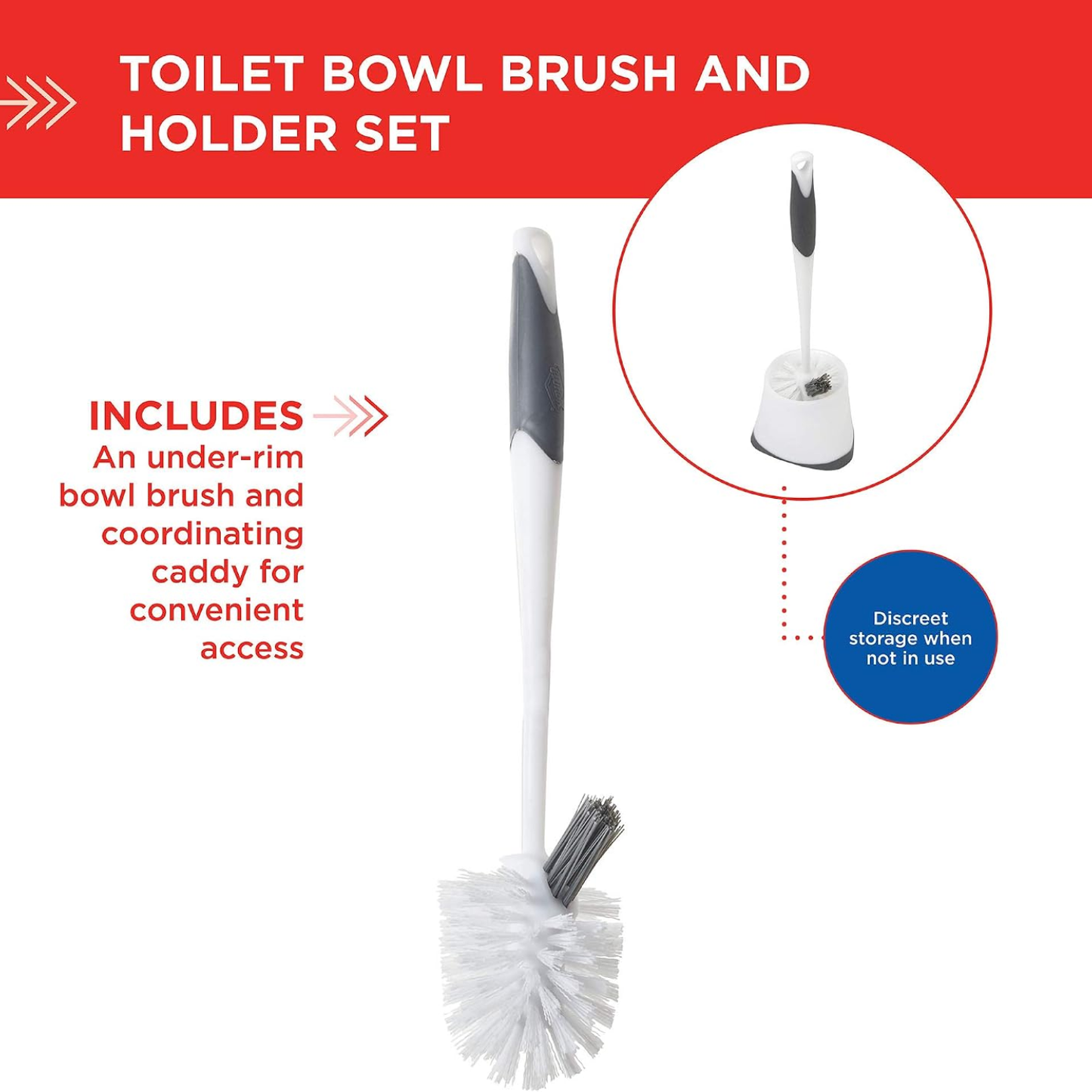 Corner Toilet Bowl Brush Set with Under Rim Scrubber and Storage Caddy - White Bathroom Cleaning Tool