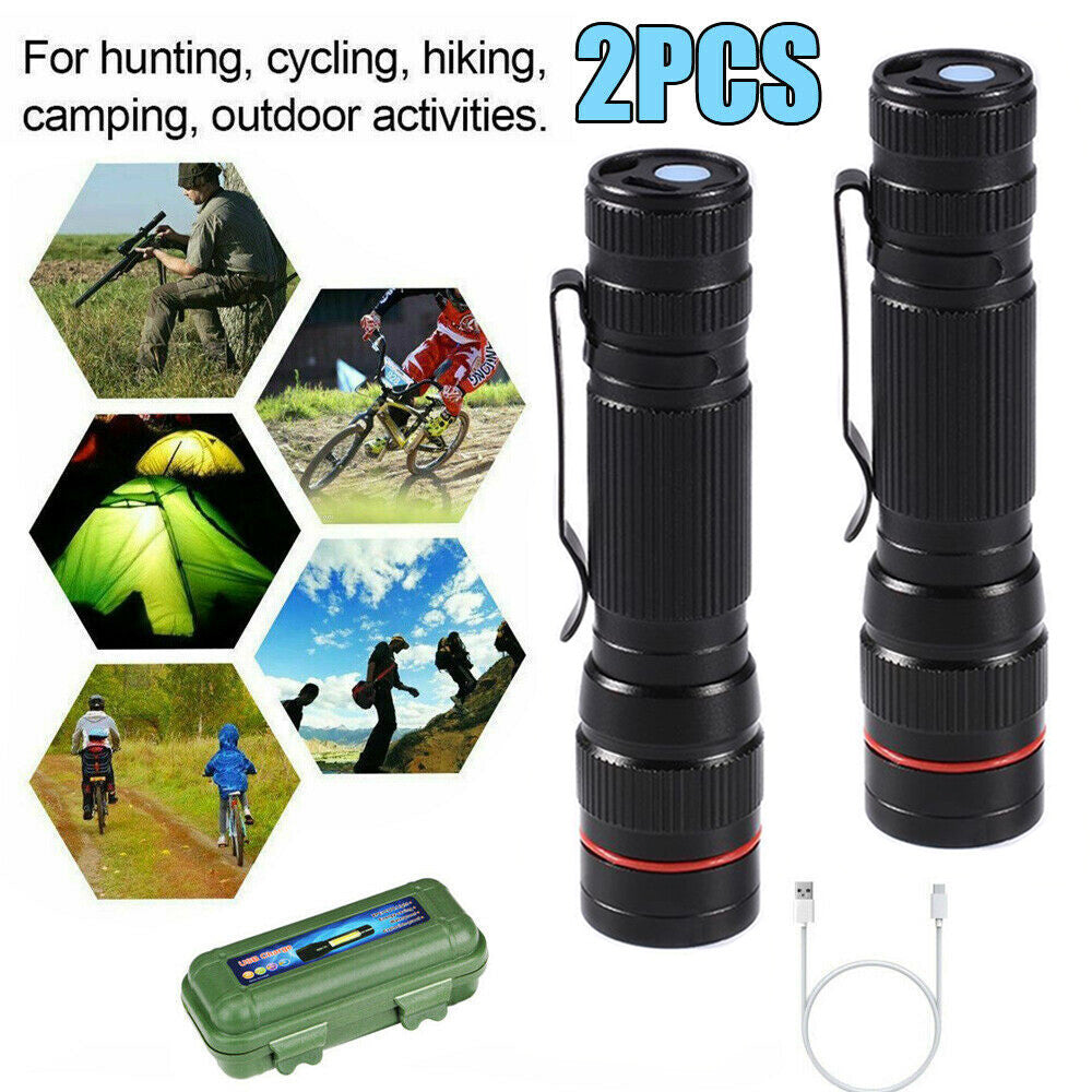Rechargeable LED Flashlight Pack - Tactical Zoom Mini Pen Light for Camping & Outdoor Use
