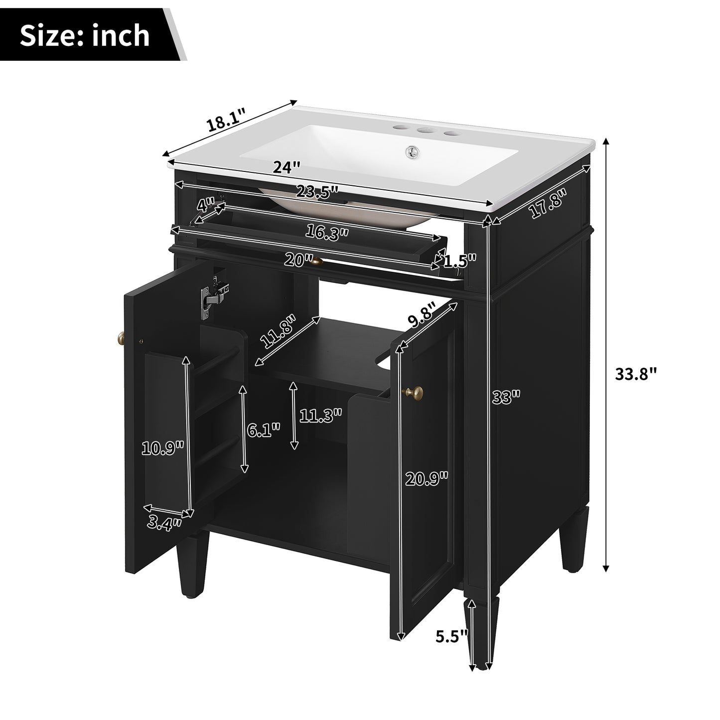24" Black Bathroom Vanity with Soft-Close Doors & Storage
