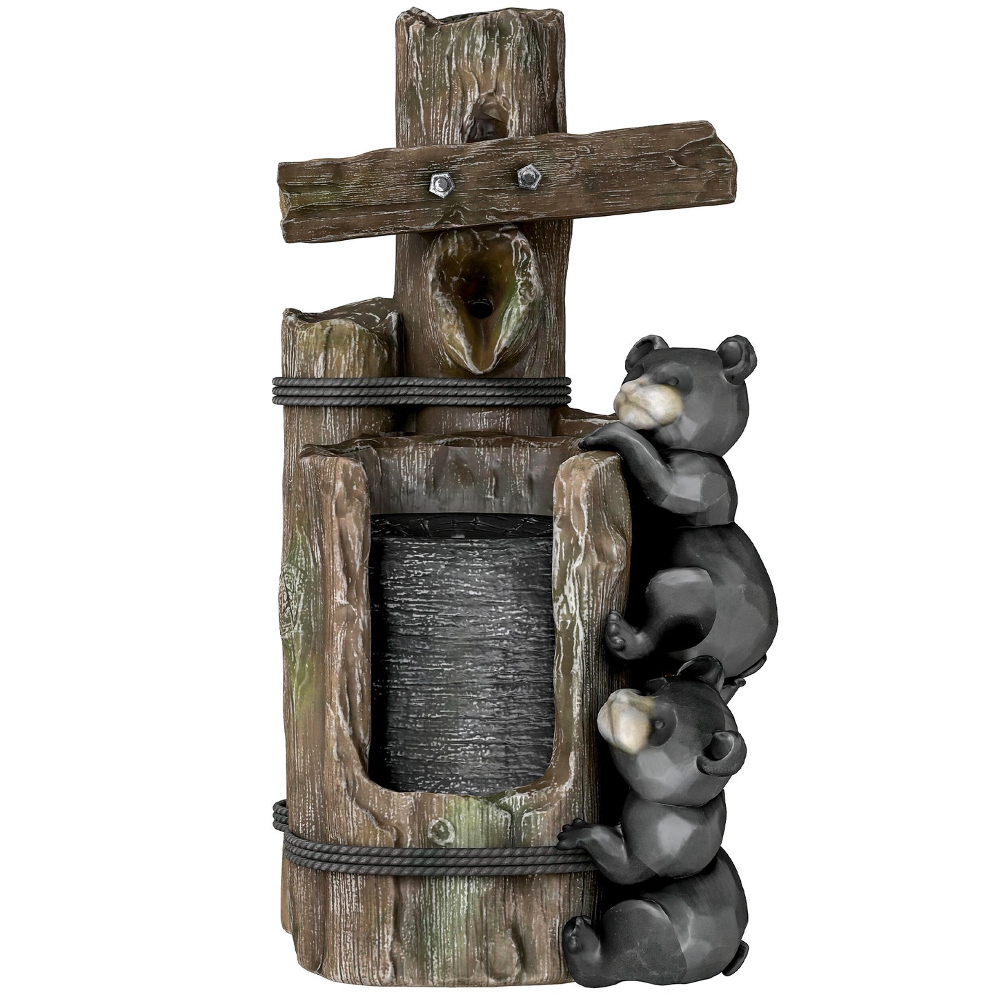 Outdoor Water Fountain with LED Lights and 3 Tiers - Rustic Resin Bears, 22.8 Inches
