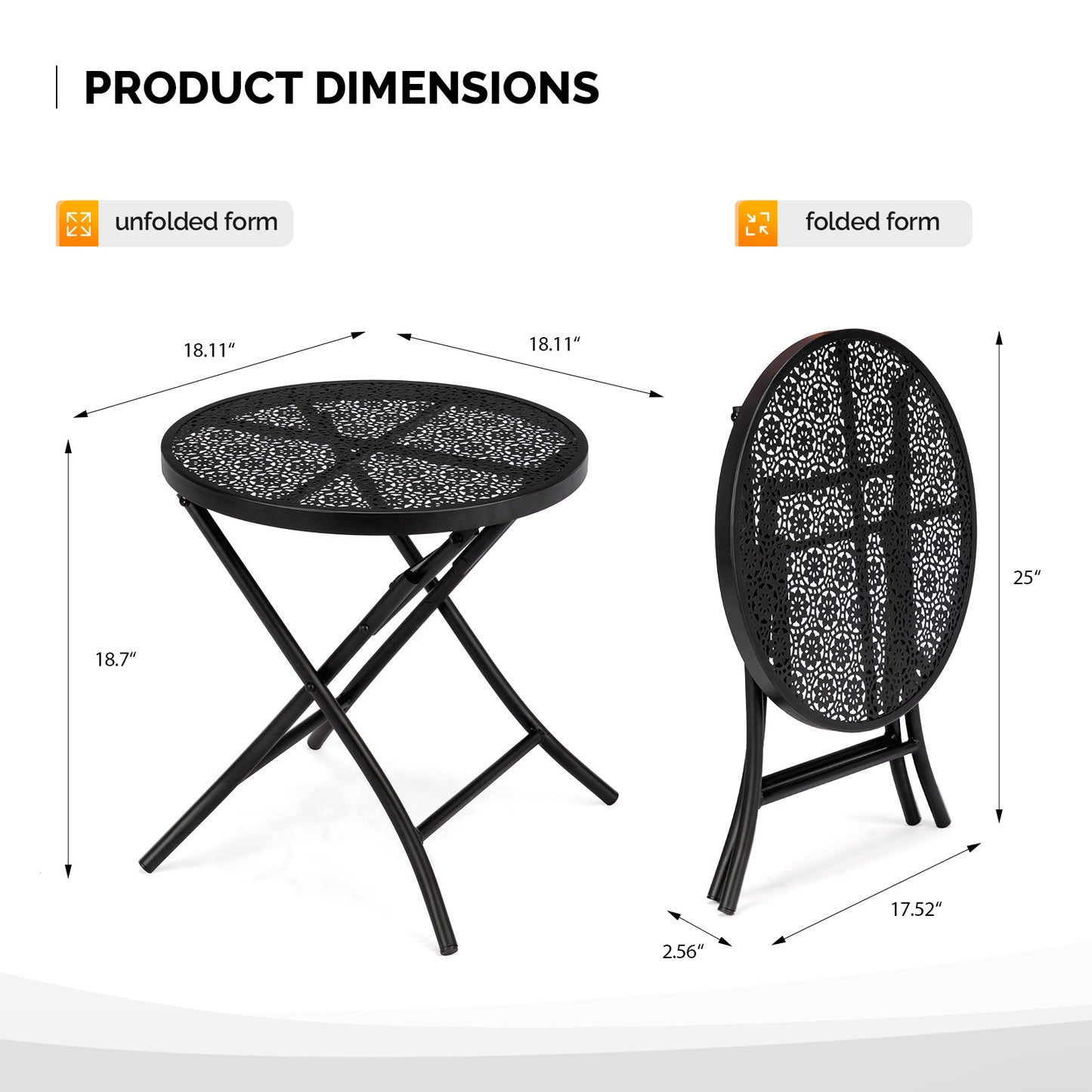 Folding Outdoor Side Table - Round Metal Nightstand, Black