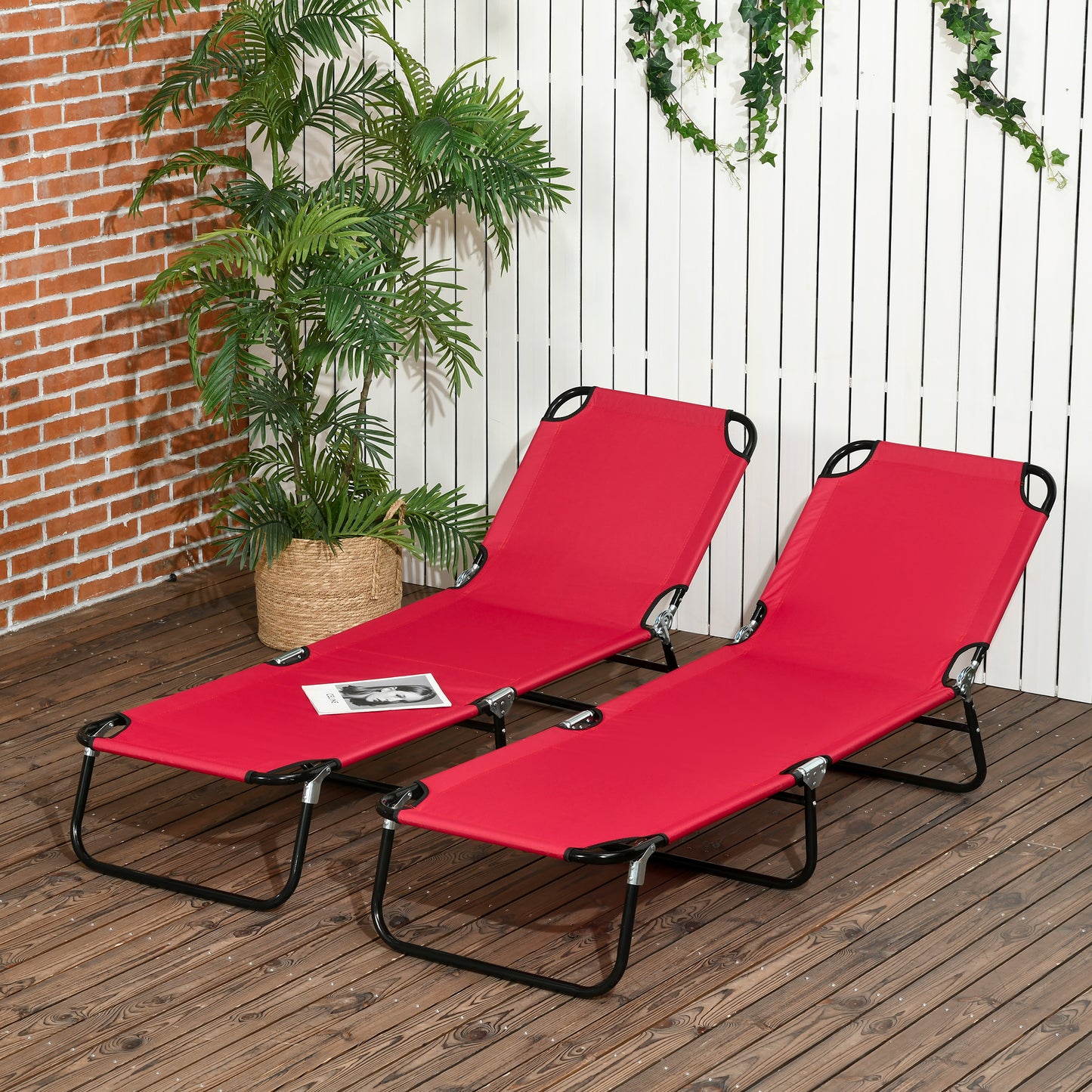 Folding Chaise Lounge Pool Chairs - 2-Piece Set, Red