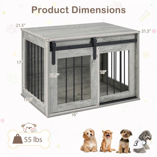 Dog Crate Furniture with Sliding Barn Door - 31.5-Inch Wooden Indoor Kennel & End Table - Gray