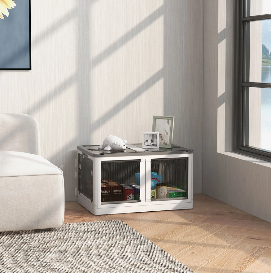 Collapsible Stackable Storage Bin with Lids and Wheels - White
