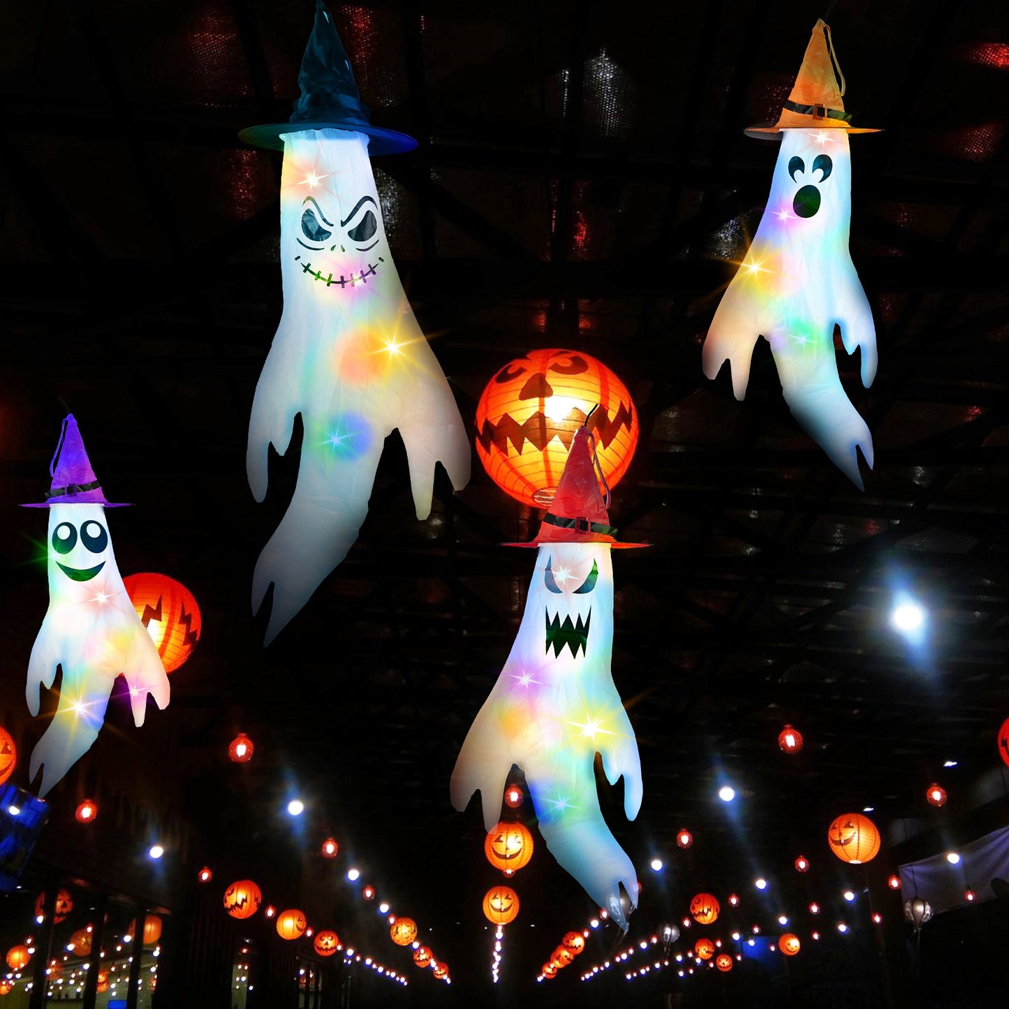 Halloween Ghost Windsocks Decoration Set with Colorful LED Lights - 4 Pcs