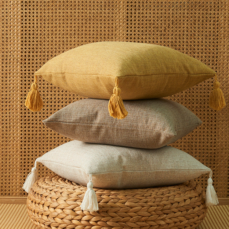 Japanese Solid Color Cotton Linen Fringe Pillow with Tassels - Home Decor