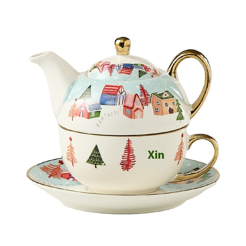 Gift Box Tea Set with Ceramic Teapot & Cups - Gold Plated Snowflake Design, Christmas Gift