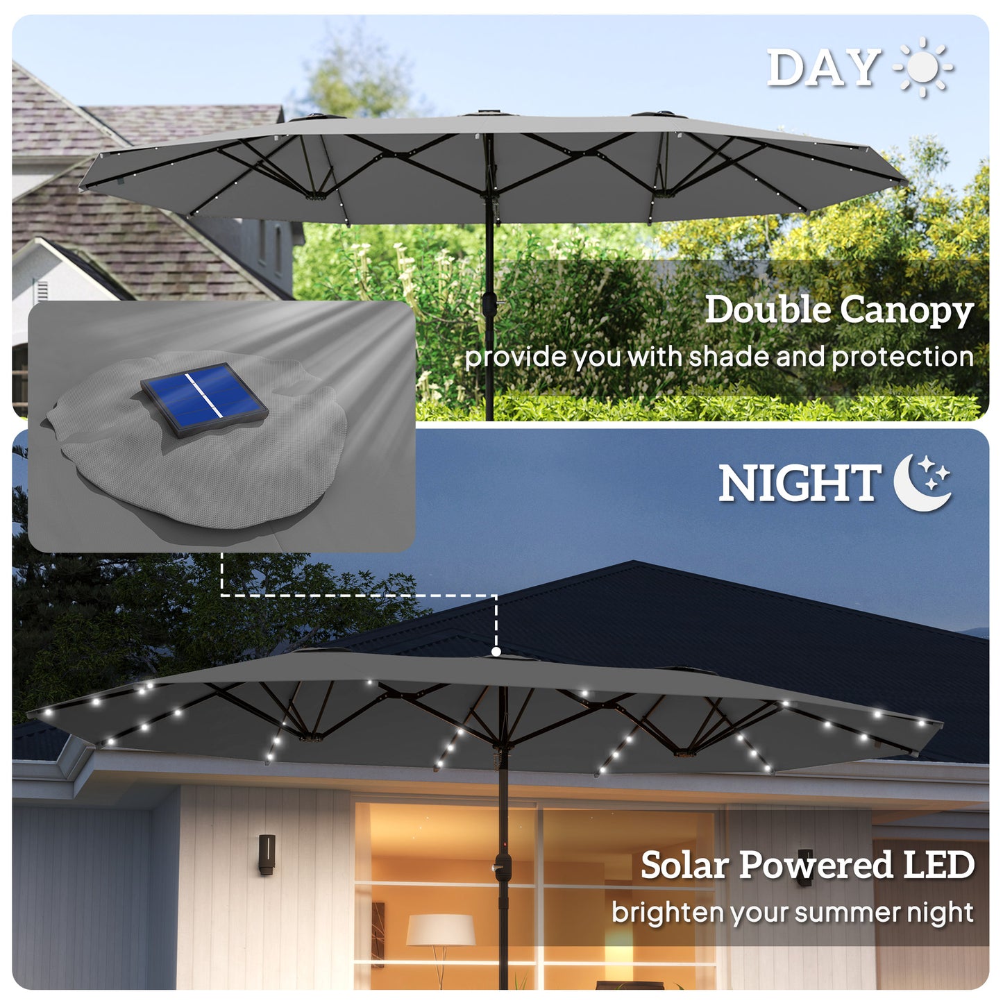 Double-Sided 14.4ft Garden Parasol with Solar LED Lights - Gray