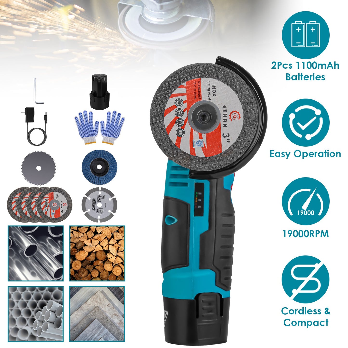 Cordless Mini Angle Grinder with 2 Batteries 3-Inch Polishing & Cutting Tool