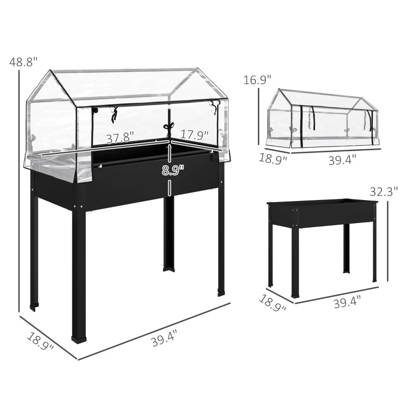 Elevated Garden Bed with Greenhouse Cover - Black, 39.4x18.9x48.8in