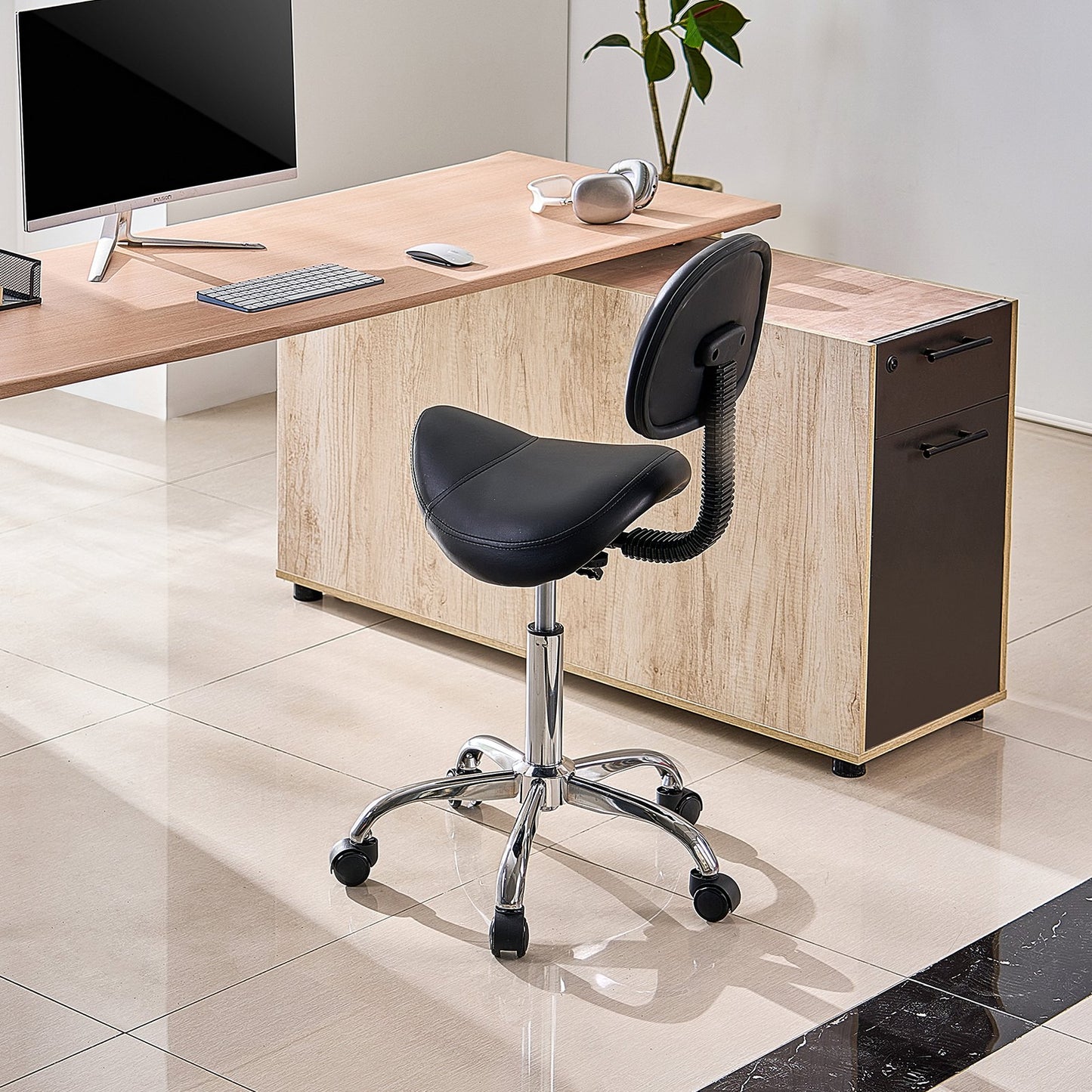 Ergonomic Saddle Stool with Back Support - Height Adjustable Rolling Chair, 450 lbs Capacity, Thick PU Leather - Black