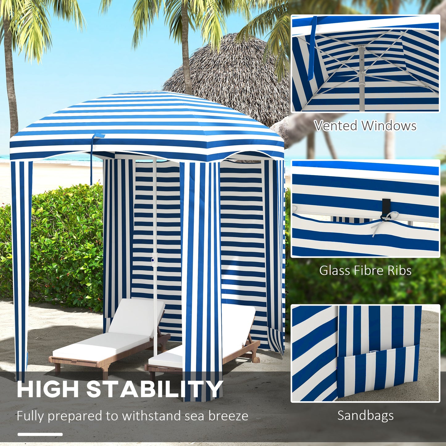 Beach Cabana Umbrella with Walls & Vents - Blue White Stripe
